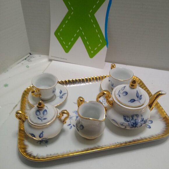 A Servre Decor Mini Tea Set 10 Piece Hand Painted Blue Gold. - Picture 1 of 14
